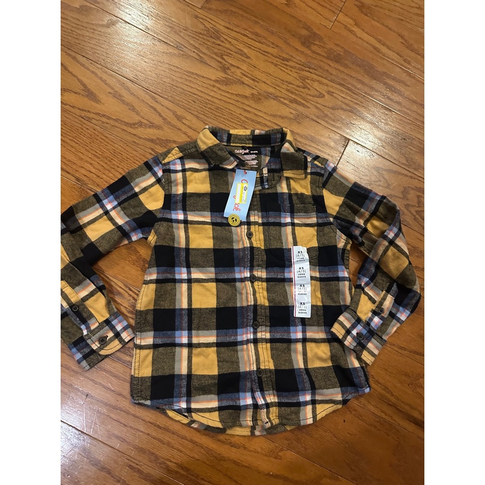 Cat & Jack Boys XS 4/5 Mustard Yellow Plaid Flannel Button Down Shirt NWT